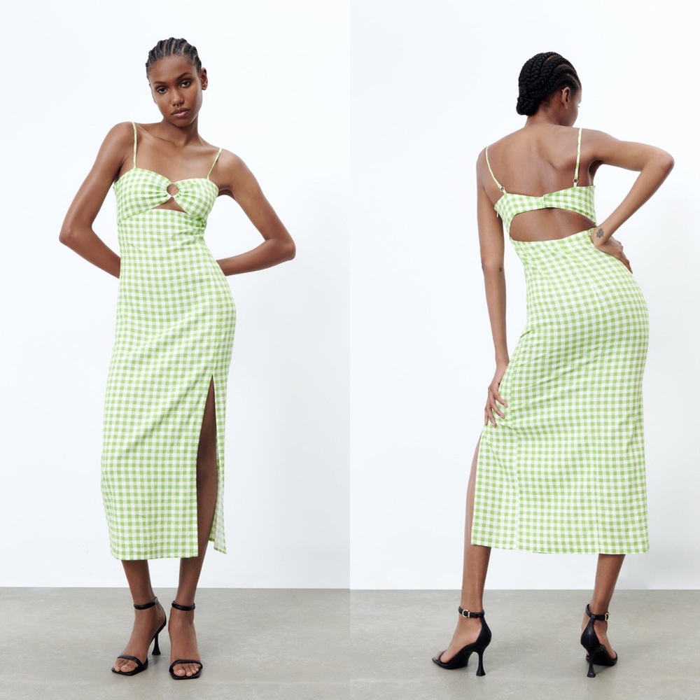 Zara Linen Blend Gingham Midi Dress Size XL - Picture 2 of 3